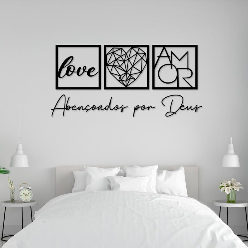 Kit com 3 Quadros Decorativos + Frase
